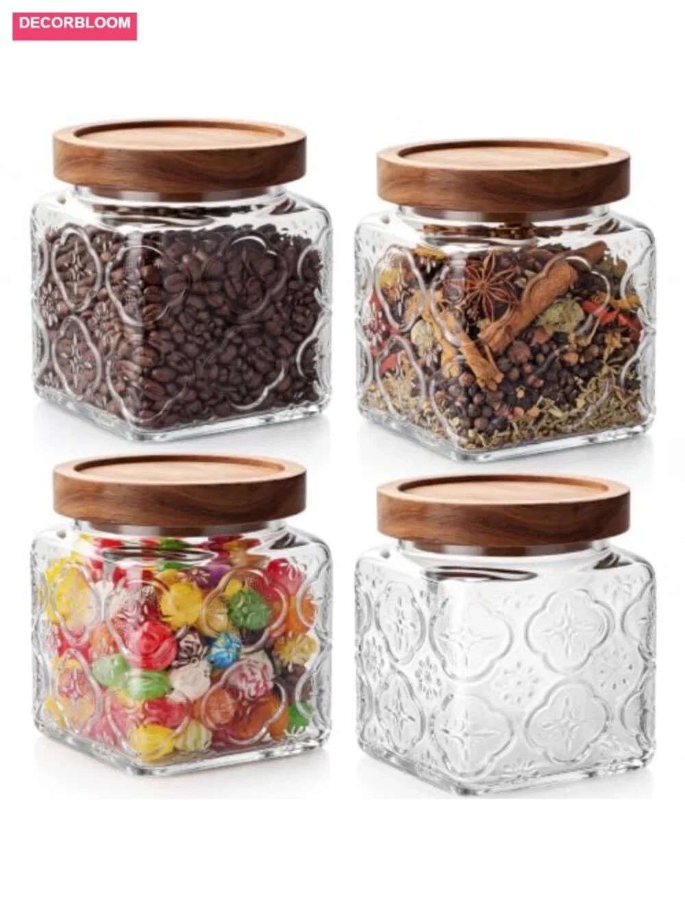 Set of 4 Vintage Glass Jars with Acacia Wood Lids, 16 oz Airtight Food Storage